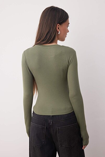 Trendyol Collection Χακί-Εκρού Διπλή Πακέτο Crop/Κοντή Εφαρμογή/Σώμα Πλεκτή Μπλούζα TWOAW25BZ00061