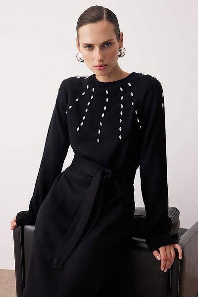 Trendyol Modest Black Stone Detailed Knitwear Dress Tctaw25Eb00001