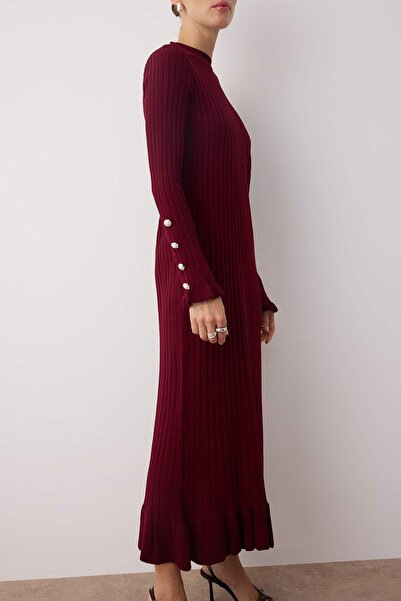 Trendyol Modest Burgundy Skirt Ruffled Knitwear Dress Tctaw25Eb00016