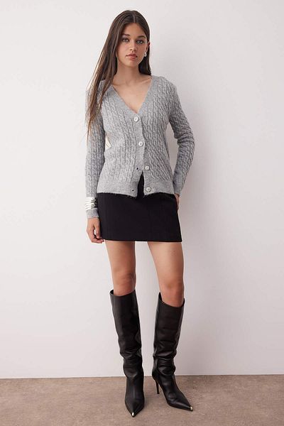 Trendyol Collection Gray Button Detailed Soft Textured V-Neck Hair Knit Cardigan Twoaw26Hi00014