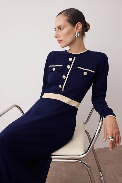 Trendyol Modest Navy Blue Buttoned Knitwear Dress Tctaw25Eb00042