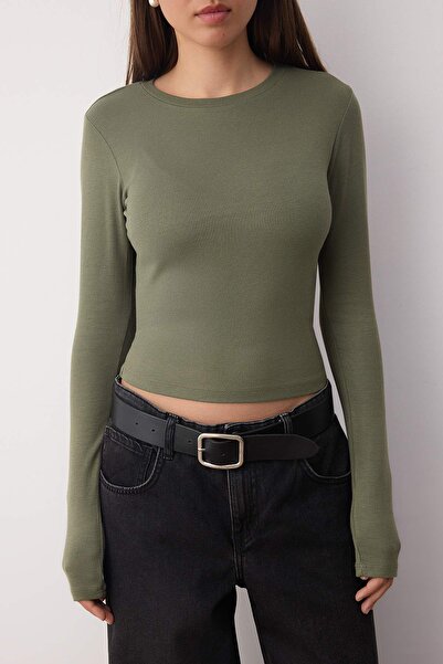 Trendyol Collection Χακί-Εκρού Διπλή Πακέτο Crop/Κοντή Εφαρμογή/Σώμα Πλεκτή Μπλούζα TWOAW25BZ00061