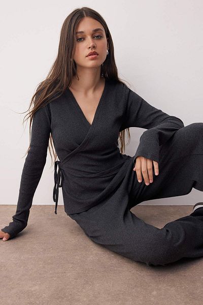Trendyol Collection Anthracite Wrap Wideleg/Wide Leg Knitted Top and Bottom Set Twoaw26Au00030