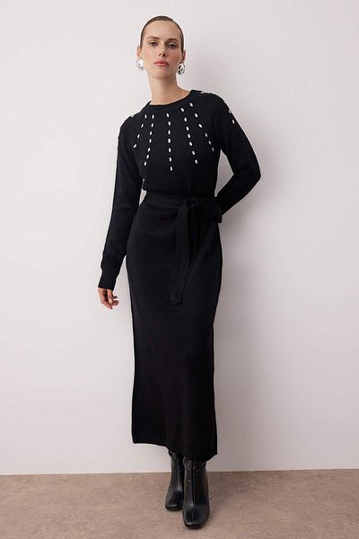 Trendyol Modest Black Stone Detailed Knitwear Dress Tctaw25Eb00001