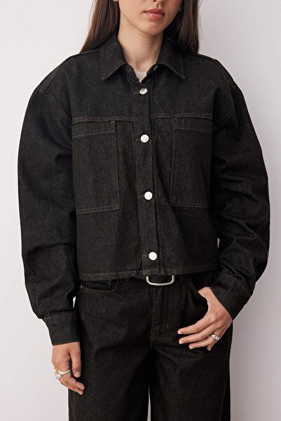Trendyol Collection Black Pocket Detailed Shirt Collar Regular Denim Jacket Twoaw26Ce00025