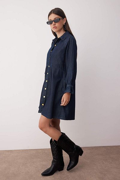 Trendyol Collection Dark Blue Pleated Sleeve Detail Mini Denim Shirt Dress Twoaw26El00035