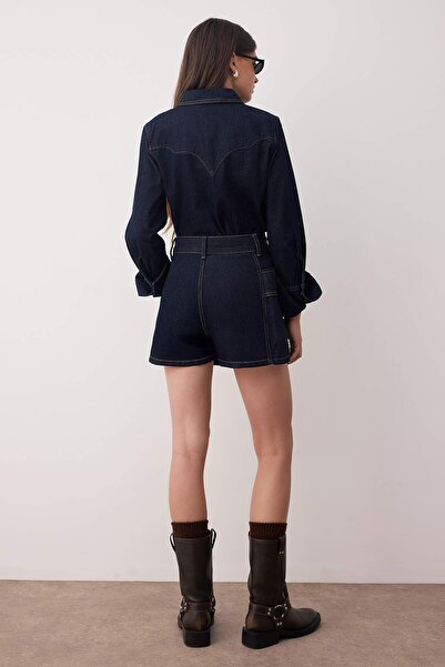 Trendyol Collection Dark Blue Pocket Detailed Double Breasted Denim Shorts Skirt Twoaw26Sr00021