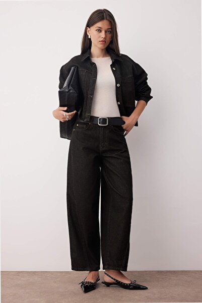 Trendyol Collection Blugi largi, negri, cu talie mijlocie, cu detalii de cusătură, TWOAW26JE00121