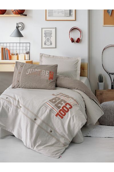 Cotton Box Cool Brown Colored Mood Embroidered Single Ranforce Duvet Cover Set