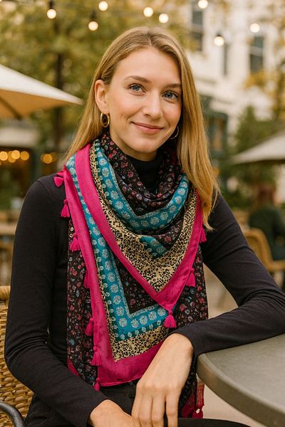 Axesoire 15086 Ethnic Patterned Gilded and Tasseled Pink Shawl