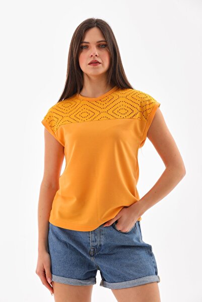 DEVRİMAY TEKSTİL الخردل الأصفر الدانتيل طاقم الرقبة بلوزة المرأة