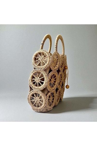 blancaston Straw Hand Knitted Ring Motif Lined Bag