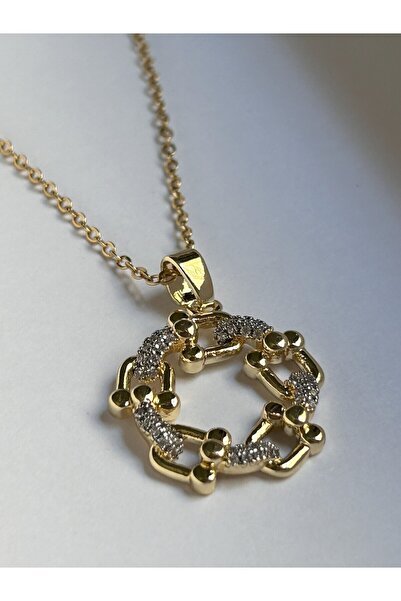 Butik Dubai Taş Detaylı Şans Kolye, Gold Renk, Parlak Taş Detaylı, 40+5 cm Zi...