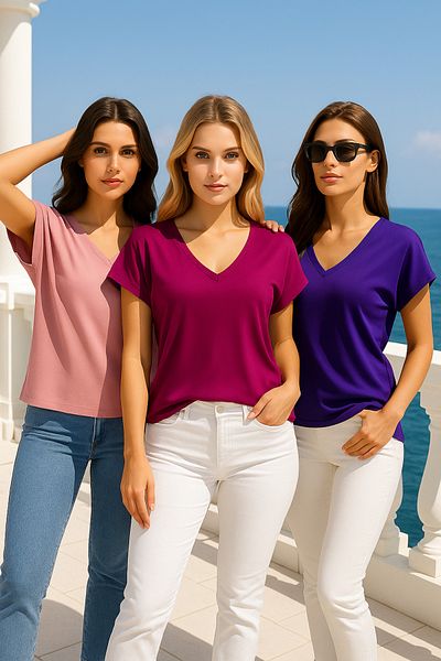 Rich Women's 3 Pack Pink-Purple-Powder Viscose Front Back V-Neck T-Shirt Batwing Sleeve Relaxed Blouse