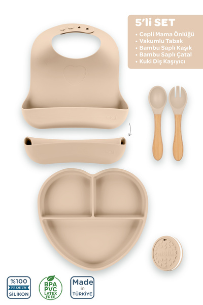Moki Silikon 5'li Set Latte Bej / Mama Önlüğü, Mama Tabağı, Mama Kaşığı ve Ça...