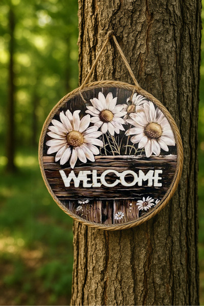 MARNELLO CONSEPT "Welcome" Wooden Mdf Door Ornament - Daisy Patterned Uv 2D P...