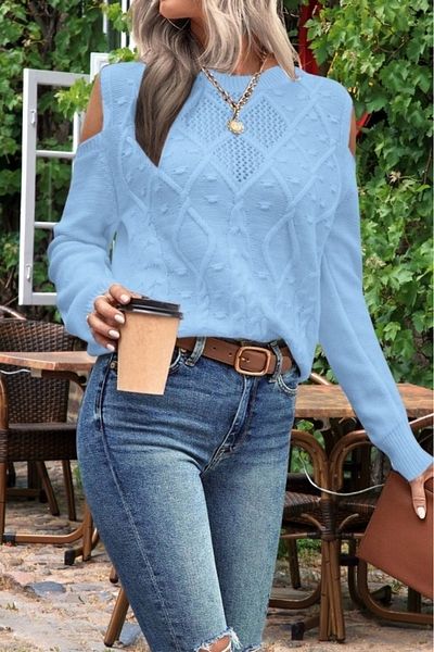 hanope Women's Crew Neck Mesh Detailed Hair Braid Execution Patterned Shoulder Detailed Baby Blue Knitwear Sweater