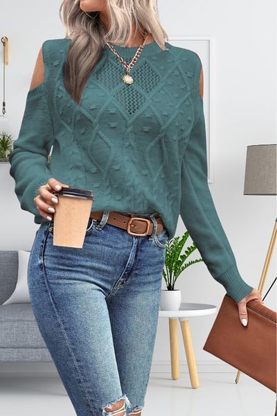 hanope Women's Crew Neck Mesh Detailed Hair Braid Execution Patterned Shoulder Detailed Mint Knitwear Sweater