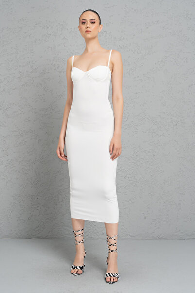 Kikiriki Off white Göğüs Süngerli Vücudu Saran Midi Elbise