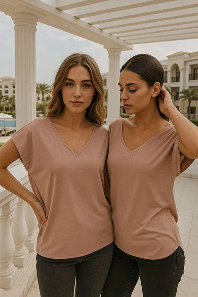 Rich Women's Pink Viscose Front Back V-Neck T-Shirt Bat Sleeve Relaxed Blouse