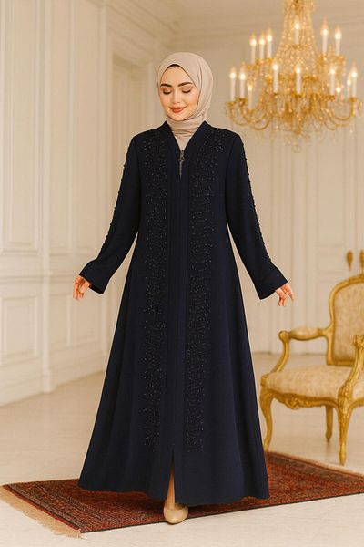Neva Style Bead Embroidered Navy Blue Hijab Ferace 29127L