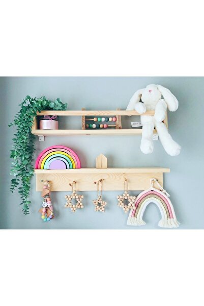 KAYINSAN AHŞAP VE TASARIM ATÖLYESİ Kayınsan El Yapımı 2'li Ahşap Duvar Rafı | Askılık ve Kitaplık | Montessori Uyumlu 50 cm