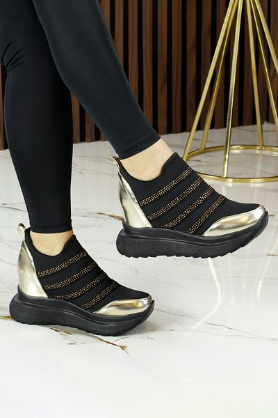 Erkan Saçmacı Margaret Gold Stretch Stone Hidden Wedge Heeled Casual Παπούτσια