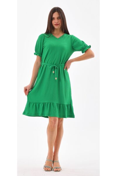 DEVRİMAY TEKSTİL Kadın Yazlık Elbise V Yaka Balon Kollu Yeşil