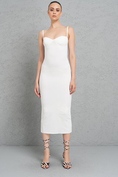 Kikiriki Off white Göğüs Süngerli Vücudu Saran Midi Elbise