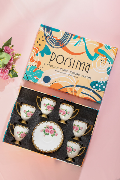 Porsima 3188 Rosemary 12 Parça Yaldızlı Porselen Türk Kahve Fincan Takımı