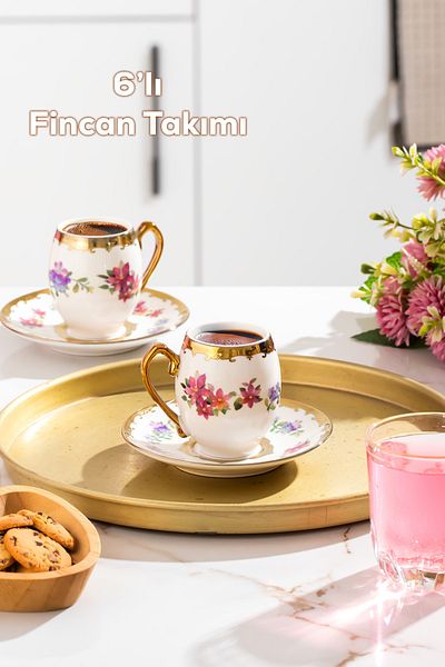 Porsima 3189 Aurora 12 Piece Gilded Porcelain Turkish Coffee Cup Set