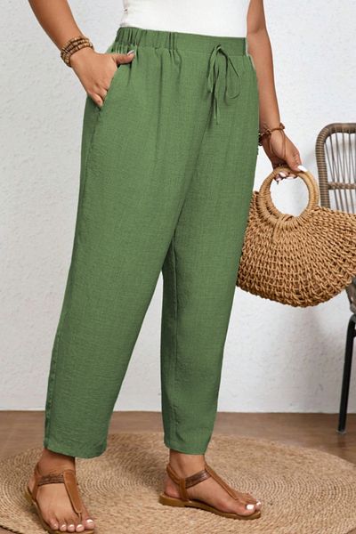 CEDY DENIM Women's Summer Large Size Synthetic Linen High Waist Elastic Narrow Leg Mom Pants C611