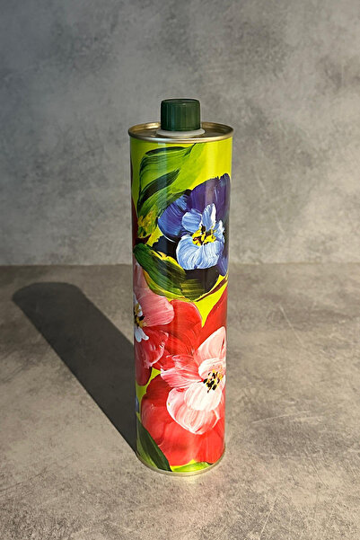 Sarkap Home Dekoratif 750 ml Kapaklı Silindir Boş Metal Zeytinyağı Tenekesi Karışık Çiçek