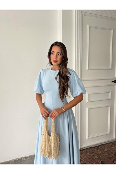 Bellucia Balon Kollu Keten Dokulu Elbise