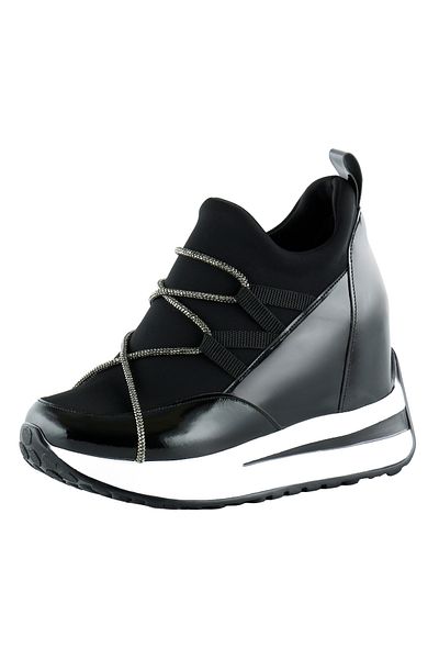 Erkan Saçmacı Mevira Plus Black Patent Leather Stretch Silver Chain White Sole Hidden Wedge Heeled Casual Shoes