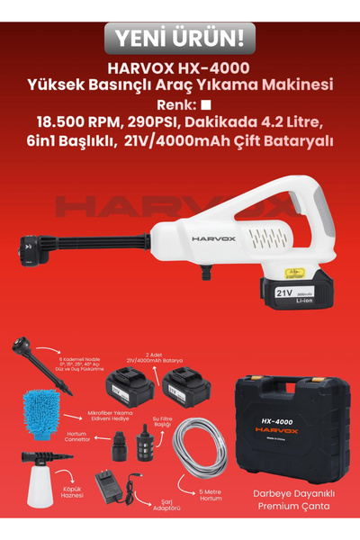 asfteknoloji HX-4000 290Psi Tanzikli 21V Çift Bataryalı Araç Yıkama Tabancası