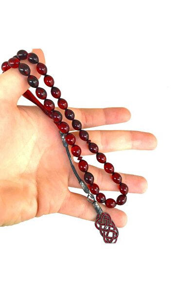 PİGADO Silver Kazaz Hand Knitted Tasseled Fire Amber Rosary Red
