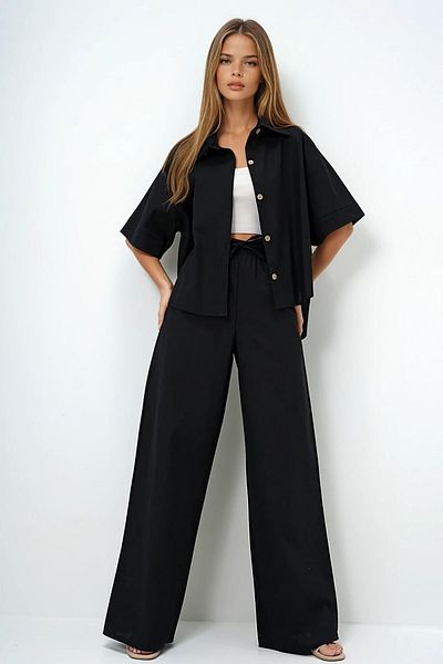 VAGGON Women's Women's Black Linen Shirt and Palazzo Pants Suit Prmx13948 Prmx13948