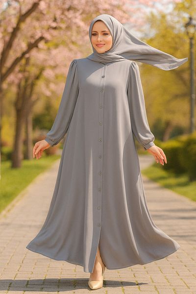 Neva Style Gray Hijab Abaya - Buttoned, Model 45283GR