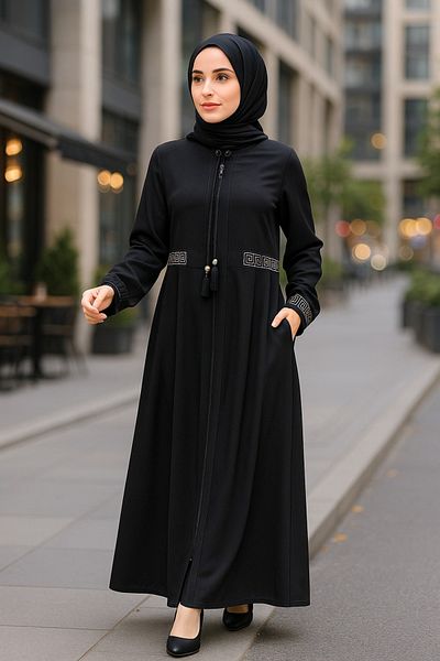 Neva Style Black Hijab Ferace with Pile Detail 45271S