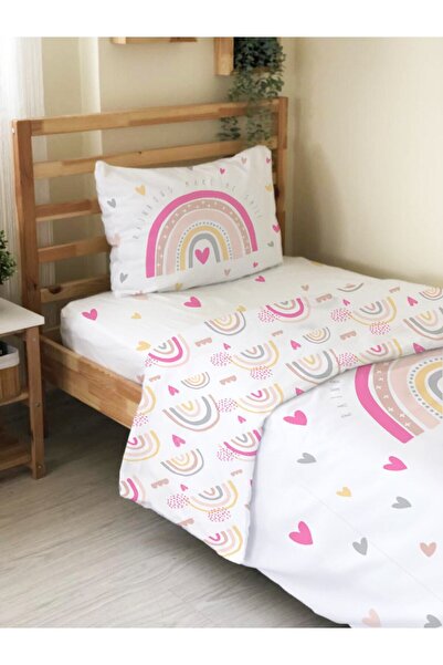 Evmila Çift Taraflı Pembe Gökkuşağı Desenli Çarşafsız -baskılı Tek Kişilik Nevresim Takımı