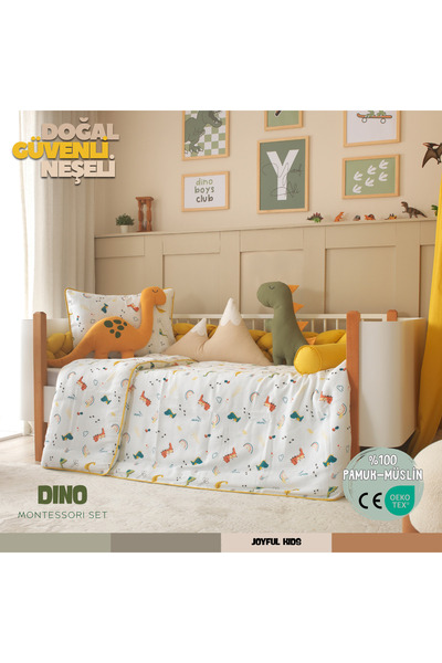 JOYFUL KIDS Dino Dinozor Temalı Uyku Seti – %100 Pamuk Müslin, Dino & Rex Yas...