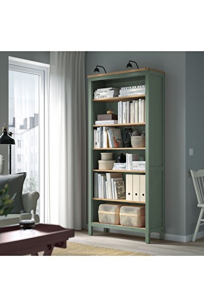 IKEA kitaplık, gri-yeşil-açık kahverengi, 90x197 cm