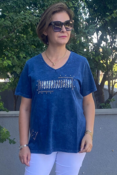 Mia Butik Large Size Navy Blue Italian Washed Tshirt with Laser Cut Detail on...