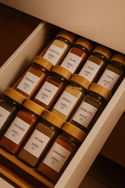FarCart 12 Adet Bambu Kapaklı Cam Baharatlık Bambu Çekmece İçi Stant Ve Etiket