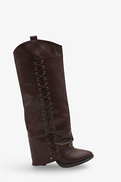 LOJO Női fűzős, részletgazdagított, hegyes orrú, alkalmi csizma, Holdes barna