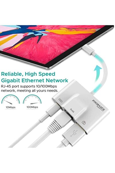 Promate OTG Lightning Hub, Ultra-Compact 3-In-1 Lightning to Digital Camera USB Adapter Kit with RJ4