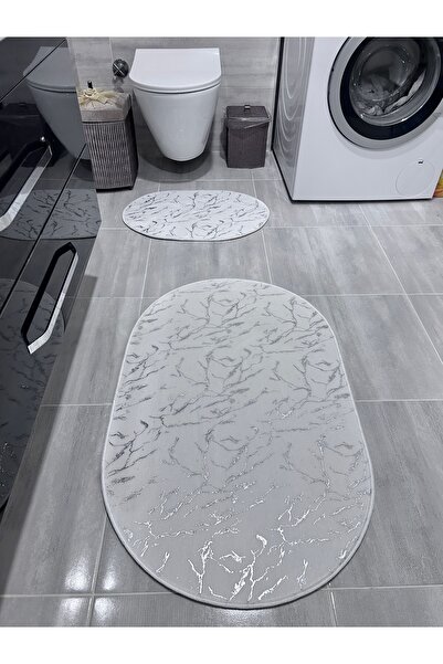 Bordo Halı Simli Bambu Kaymaz Deri Taban 2'li Set Klozet Beyaz Gümüş Banyo Pa...