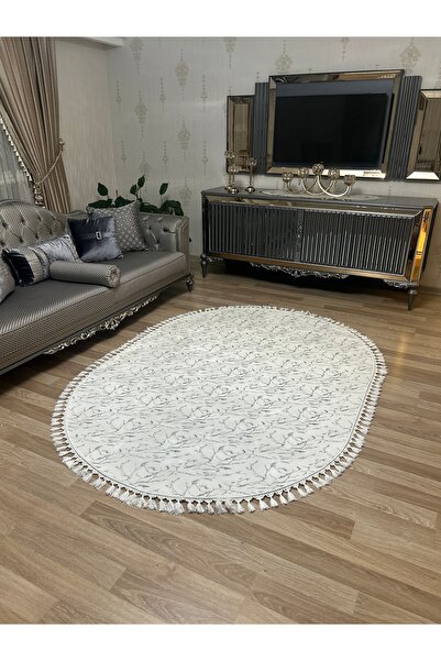 Bordo Halı Bambu Yıkanabilir Kaymaz Oturma Odası Salon Mutfak Çocuk Odası Halısı Beyaz Gümüş Simli Oval