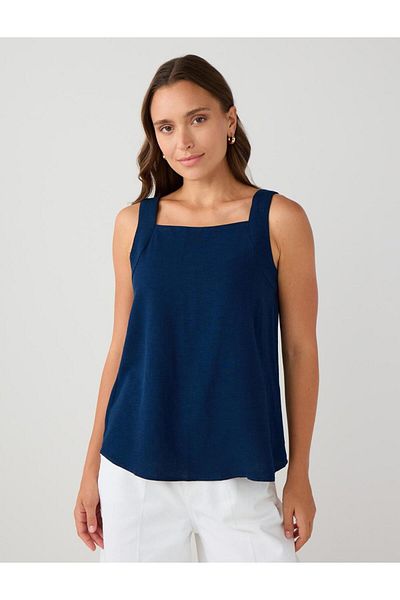 Jimmy Key Navy Blue Square Neck Sleeveless Linen Blend Blouse
